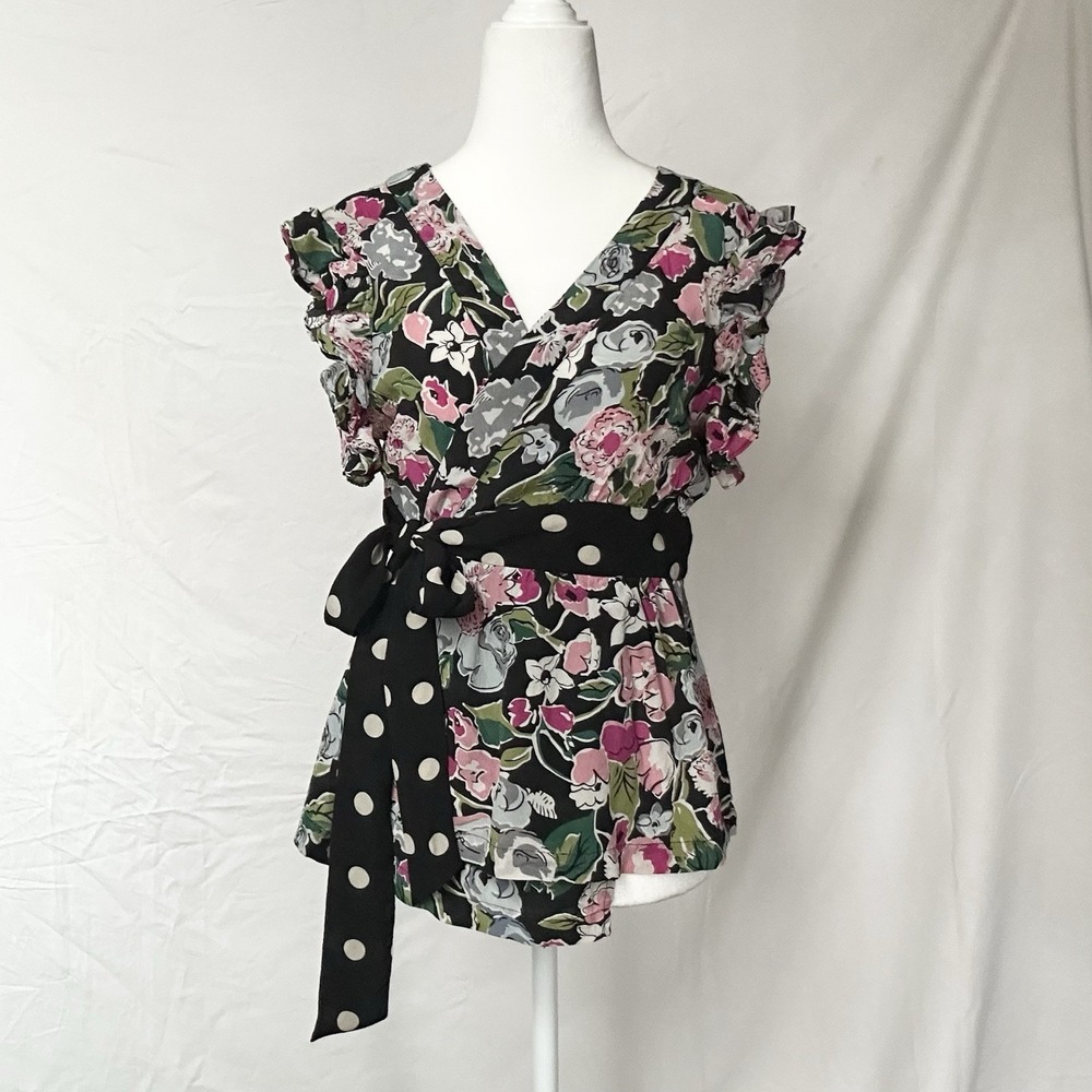 2000s Silk Floral Polka Dot Top Faux Wrap Twee Boho Whimsy Indie